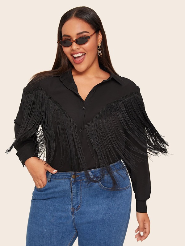 

Plus Fringe Detail Solid Shirt, Black, Emilie
