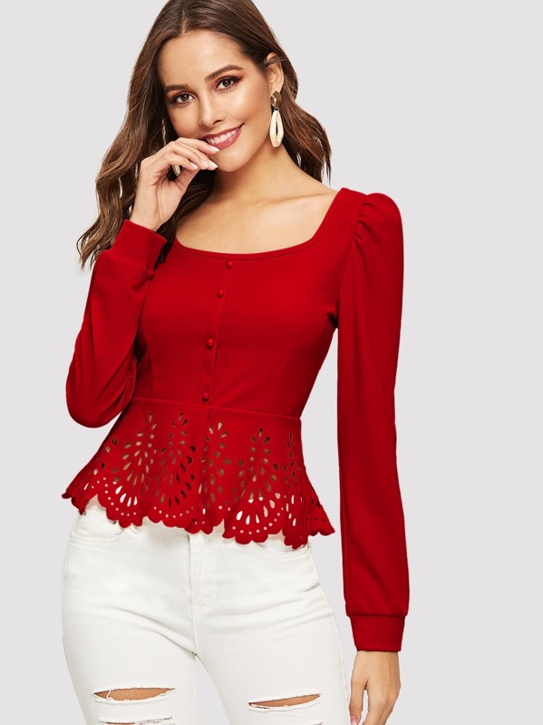 

Buttoned Front Laser Cut Hem Puff Sleeve Top, Red, Giulia