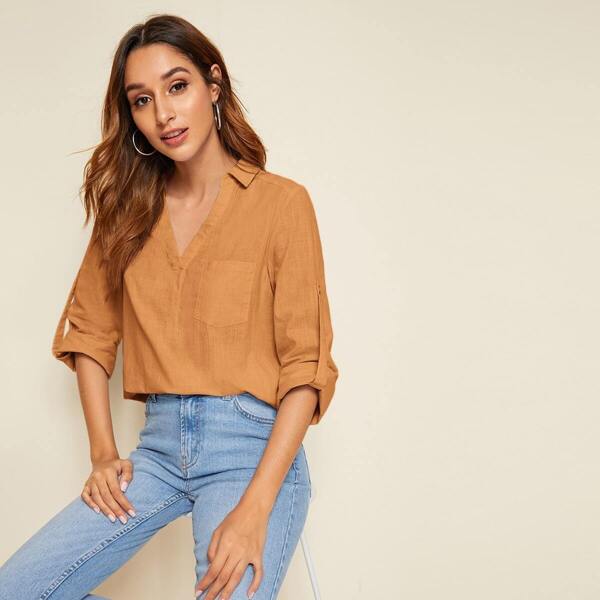 

Roll Tab Sleeve Pocket Front Top, Camel pastel