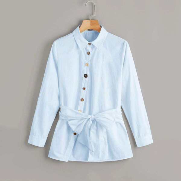 

Plus Button Front Belted Blouse, Blue pastel