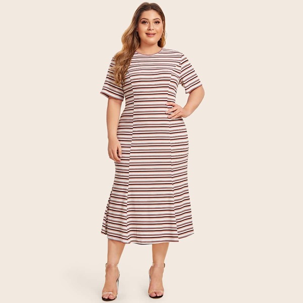 

Plus Rib-knit Ruffle Hem Striped Fitted Dress, Multicolor