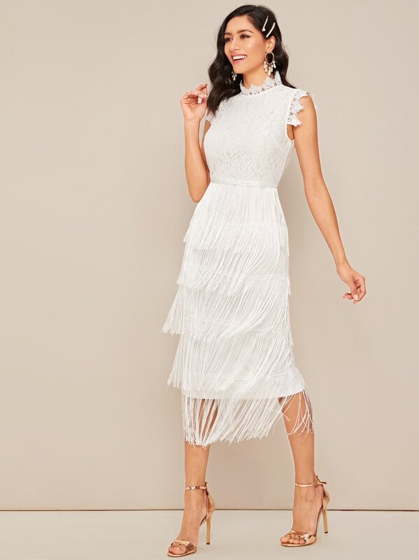 

Guipure Lace Bodice Layered Fringe Hem Split Hem Dress, White, Jessica B