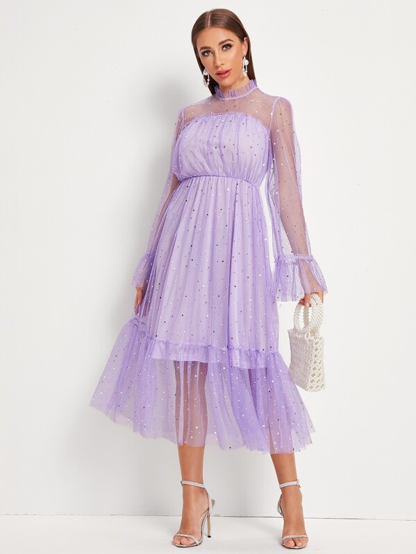 

Frill Trim Star Mesh Overlay Dress, Purple, Hanna
