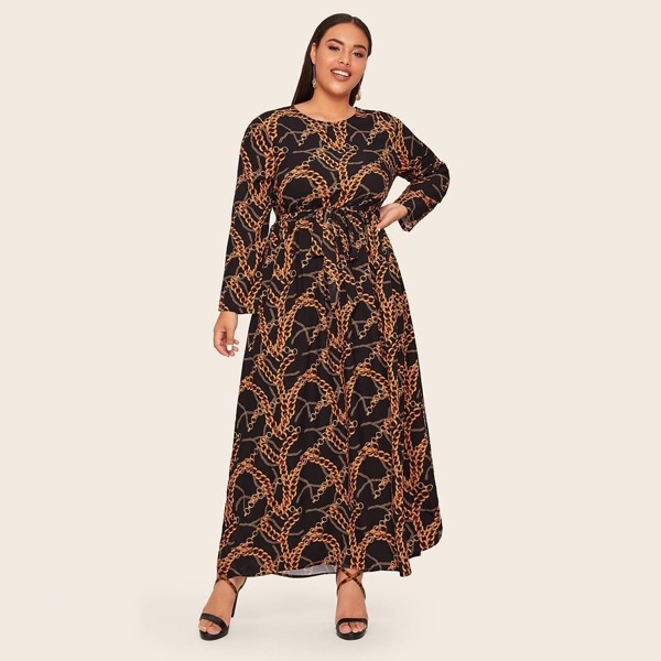 

Plus Chain Print Curved Hem Belted Dress, Multicolor