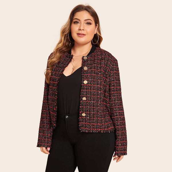 

Plus Button Front Plaid Tweed Jacket