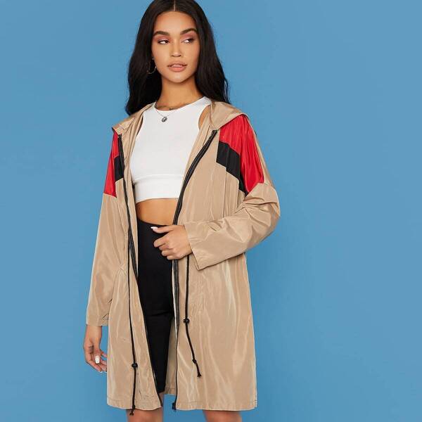

Zip Up Colorblock Drawstring Waist Jacket, Khaki