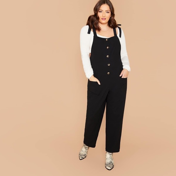 

Plus Knot Shoulder Patch Pocket Palazzo Jumpsuit, Black