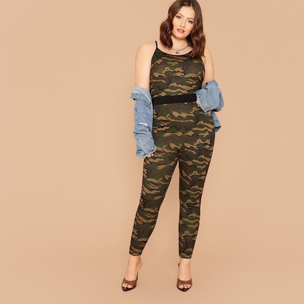 

Plus Zipper Back Camo Print Slip Jumpsuit, Multicolor