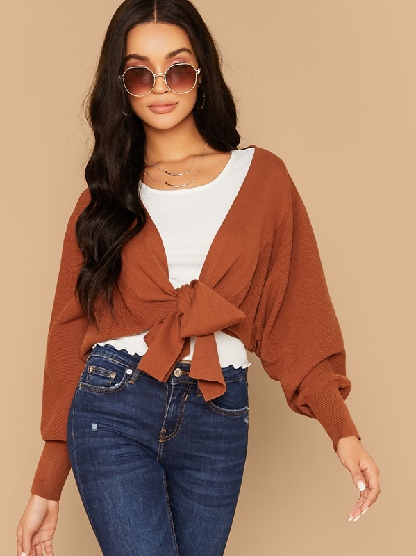 

Tie Front Batwing Sleeve Cardigan, Brown, Juliette