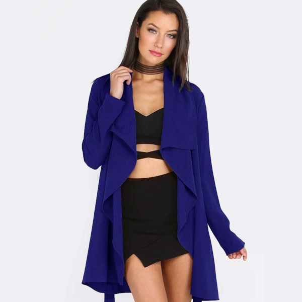 

Waterfall Collar Self Belted Coat, Blue