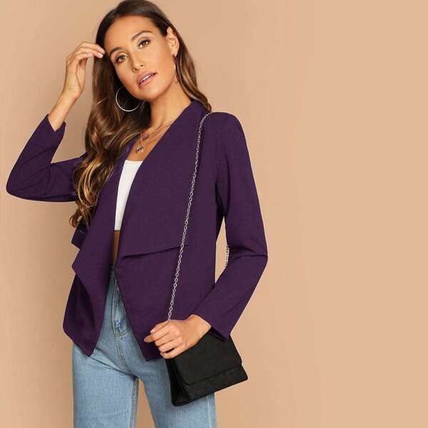

Waterfall Collar Open Placket Solid Coat, Purple