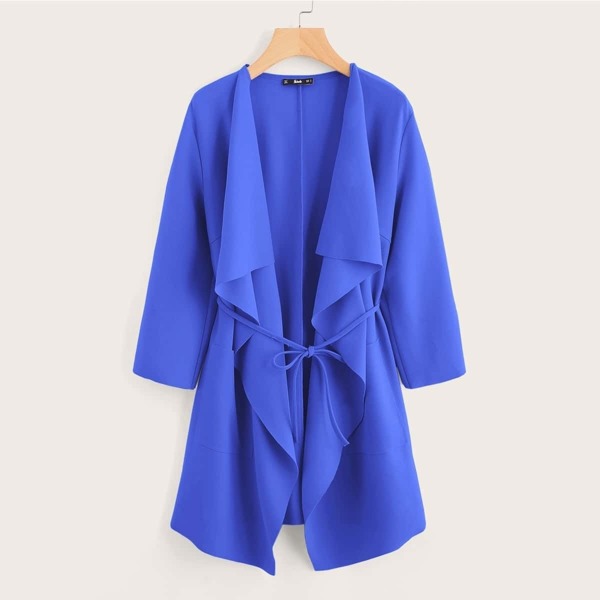 

Draped Collar Self Belted Solid Coat, Blue bright