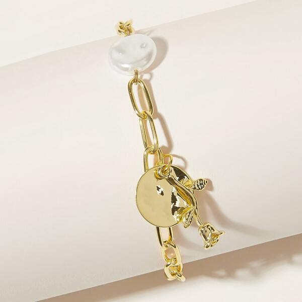 

Rose & Faux Pearl Decor Chain Bracelet 1pc