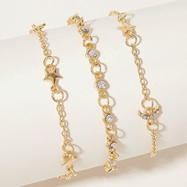 

Rhinestone Star & Moon Decor Chain Bracelet 3pcs