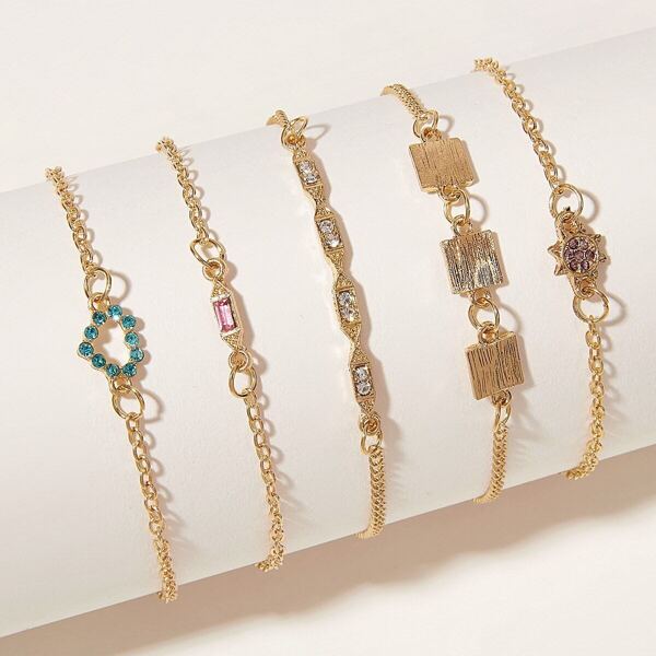 

Rhinestone Engraved Heart & Geometric Decor Chain Bracelet 5pcs, Gold