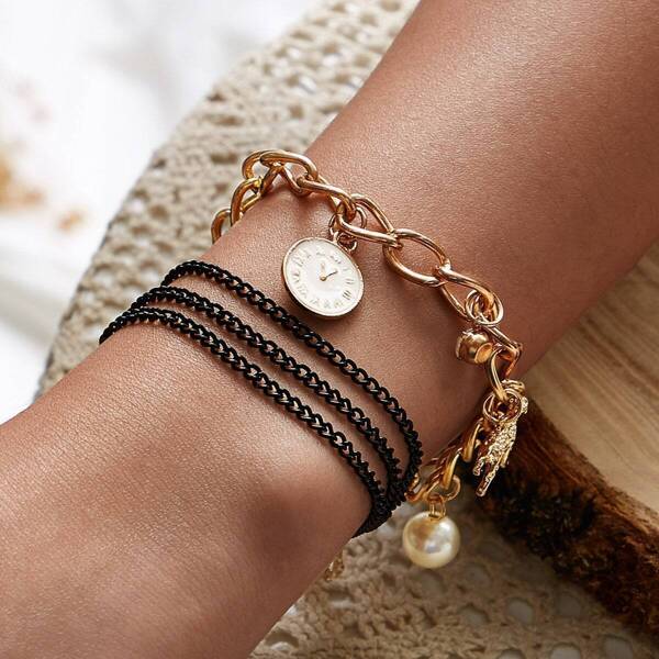 

Clock & Faux Pearl Decor Chain Bracelet 1pc