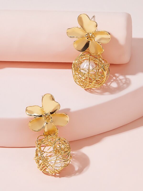 

Flower Decor Faux Pearl Drop Earrings 1pair, Gold