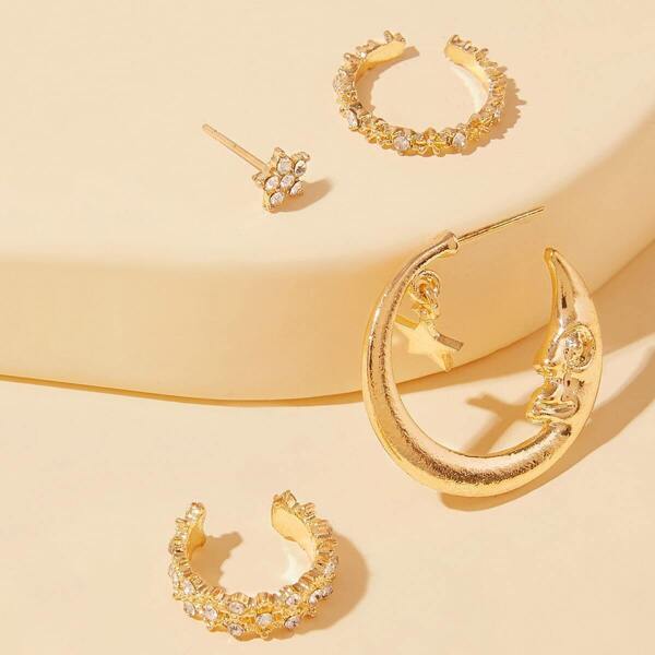 

Rhinestone Engraved Star & Figure Earrings 4pcs