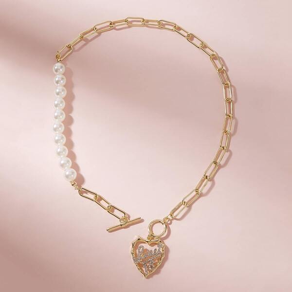 

Faux Pearl & Heart Decor Chain Necklace 1pc