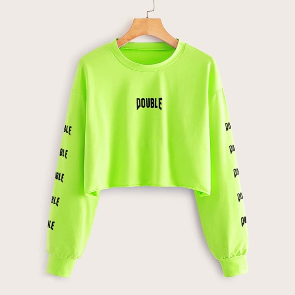 

Neon Green Letter Graphic Crop Sweatshirt, Bright lime green