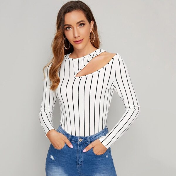 

Cutout Detail Striped Fitted Top, White