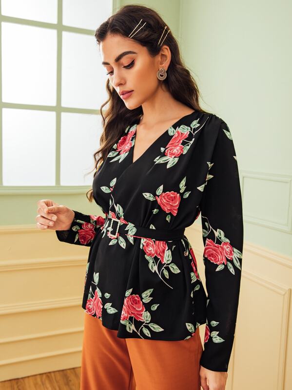 

Floral Print Belted Wrap Blouse, Multicolor, Carol A