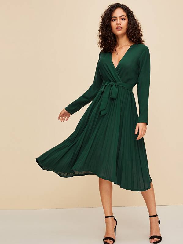 

Surplice Belted Pleated Hem Midi Dress, Green, Isabela