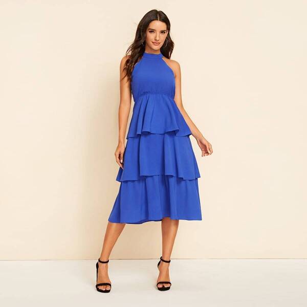 

Solid Tiered Layer Hem Halter Dress, Blue