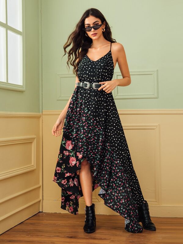 

Polka Dot & Ditsy Floral Asymmetrical Hem Chiffon Cami Dress, Multicolor, Carol A