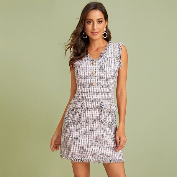 

Pearls Button Dual Pocket Raw Trim Tweed Dress, Multicolor
