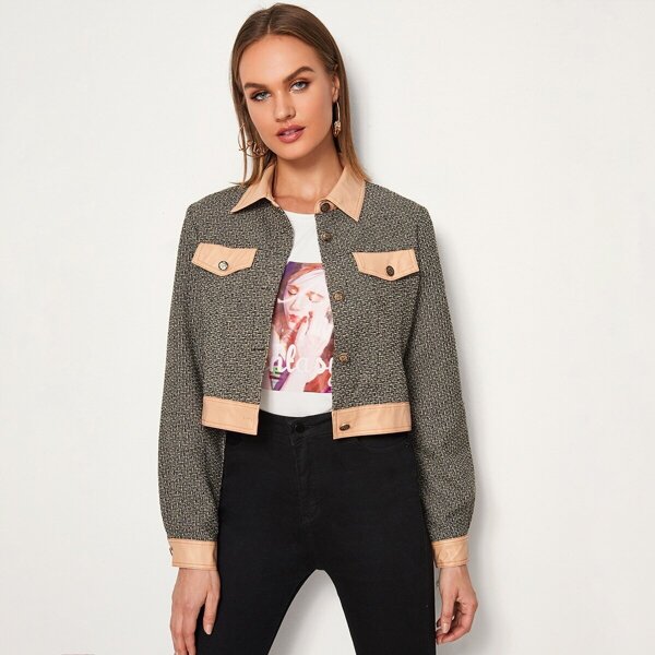 

Contrast Trim Button Front Tweed Crop Jacket