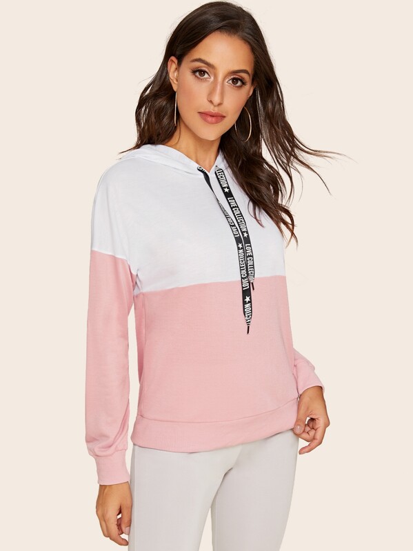 

Two Tone Letter Drawstring Hooded Sweatshirt, Multicolor, Mary P.
