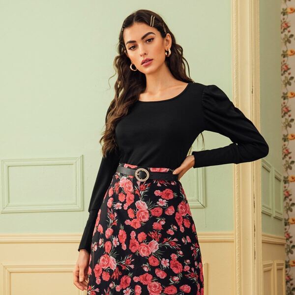 

Solid Leg-Of-Mutton Sleeve Fitted Tee