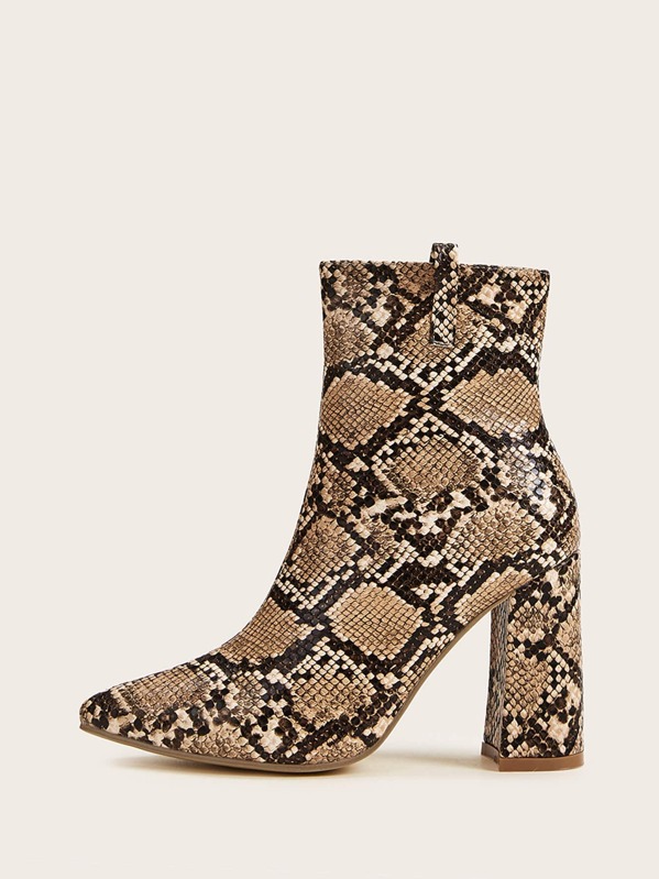 

Point Toe Snakeskin Chunky Heeled Boots, Multicolor