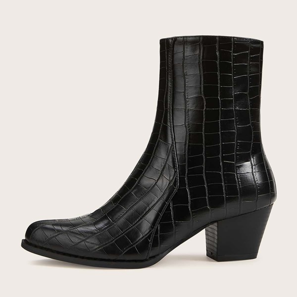 

Side Zip Croc Embossed Chunky Boots, Black