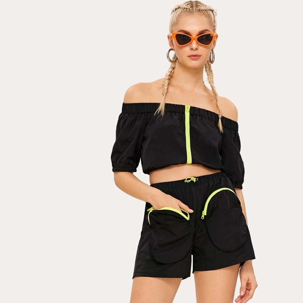 

Off Shoulder Zip Up Top With Drawstring Shorts, Black
