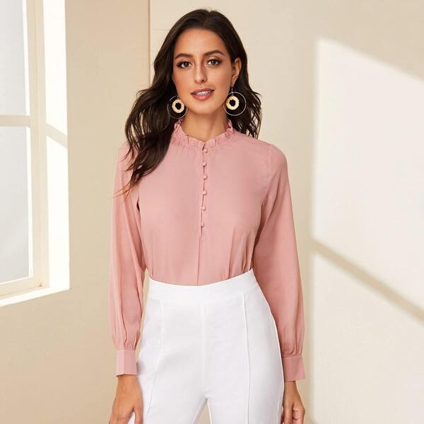 

Lettuce Frill Button Front Blouse, Baby pink