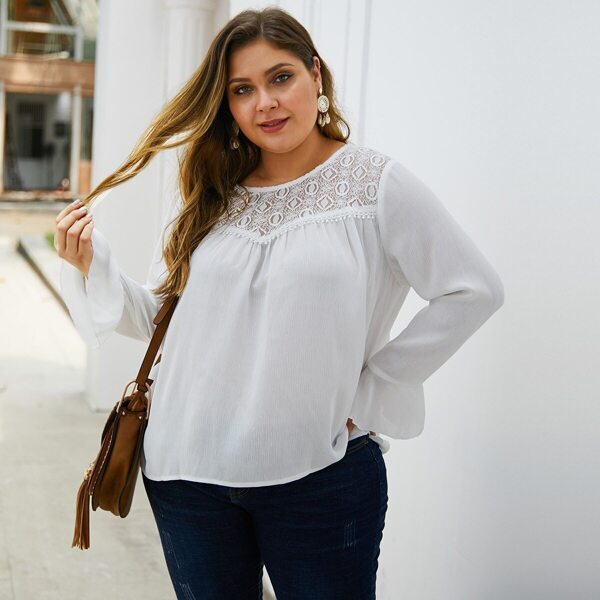 

Plus Lace Insert Flounce Sleeve Blouse, White