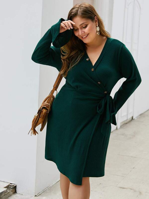

Plus Button Detail Tie Side Sweater Dress, Green, Carol