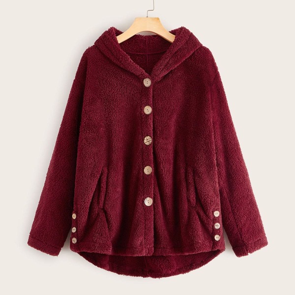 

Button Front Hooded Teddy Coat, Burgundy