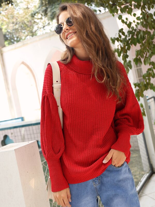 

Solid High Neck Leg-of-mutton Sleeve Sweater, Red