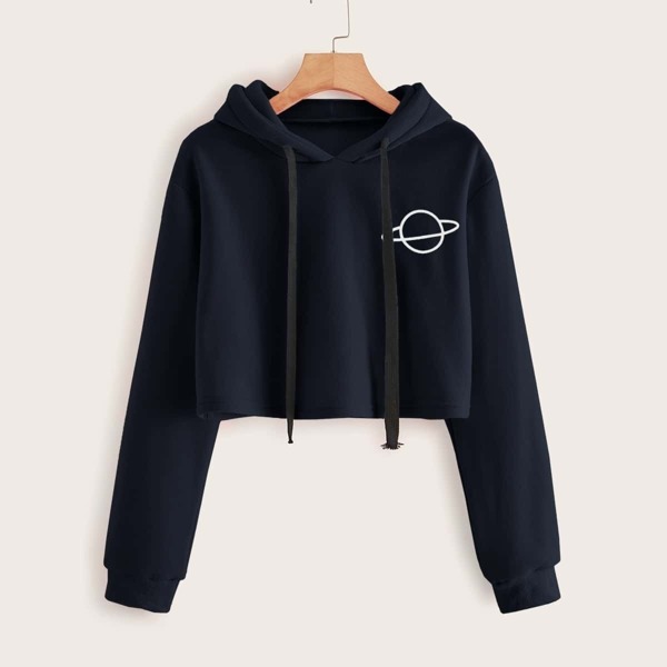 

Planet Print Drawstring Hooded Sweatshirt