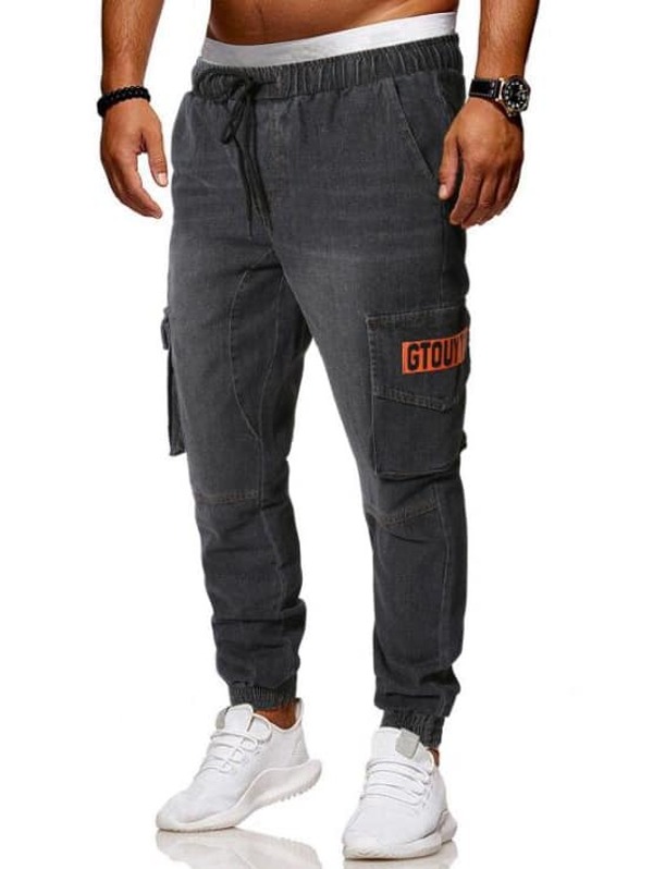 

Men Pocket Side Drawstring Waist Jeans, Grey