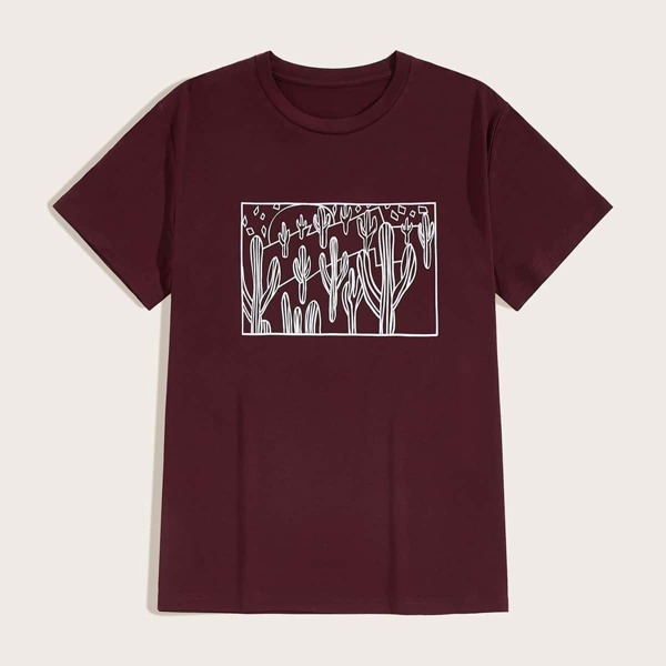 

Men Cactus Print Round Neck Tee, Burgundy