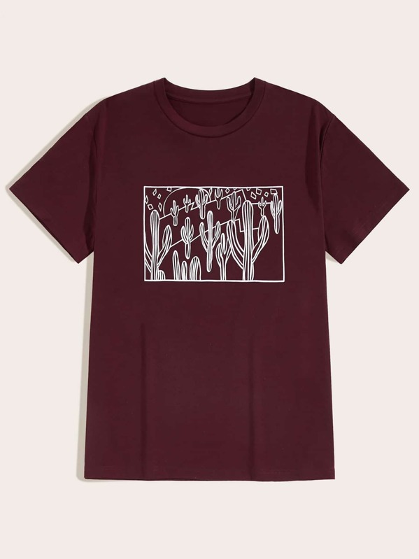 

Men Cactus Print Round Neck Tee, Burgundy