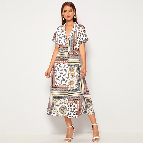 

Lapel Neck Scarf Print Dress, Multicolor