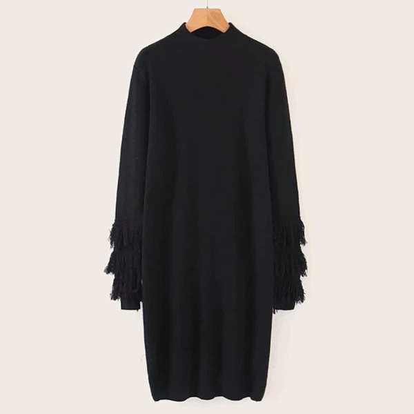 

Fringe Cuff Solid Sweater Dress, Black