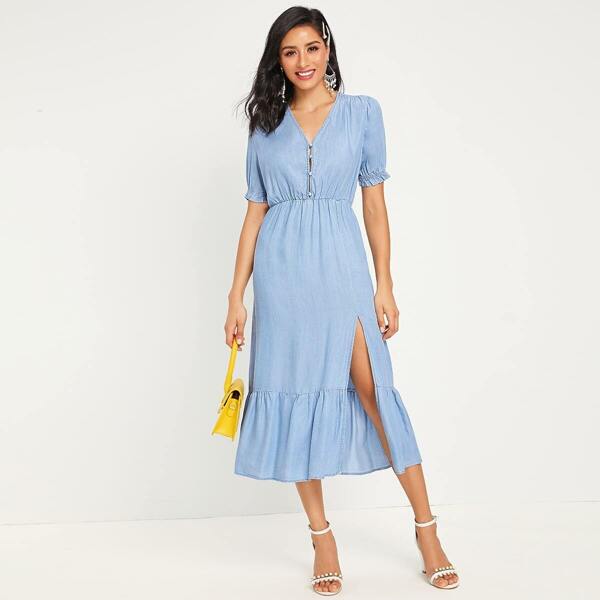 

Split Thigh Ruffle Hem Solid Dress