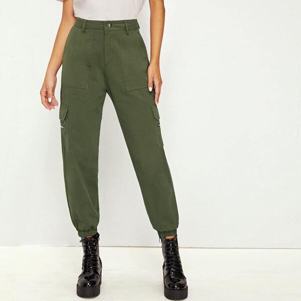 

Pocket Side Solid Cargo Pants, Army green