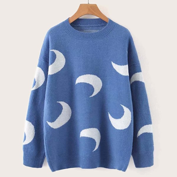 

Drop Shoulder Moon Print Sweater, Blue